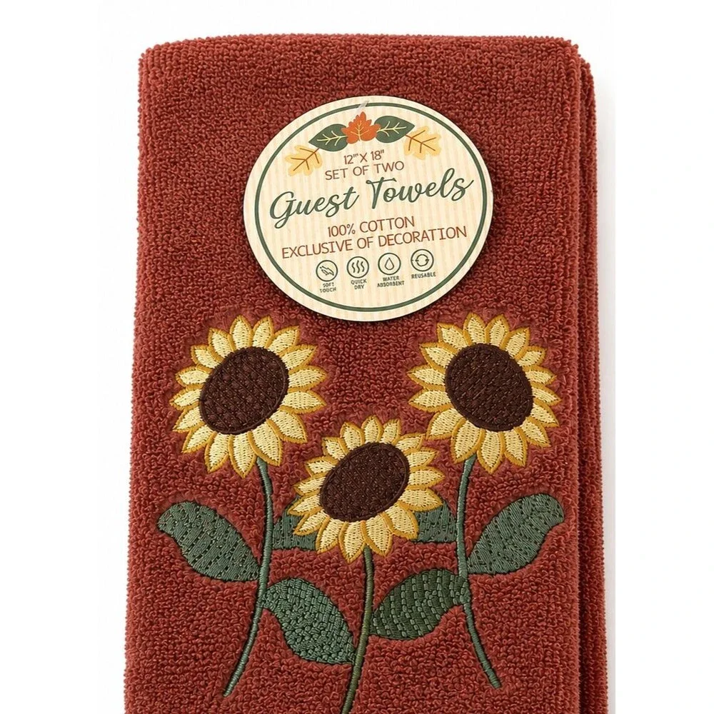 Thanksgiving Sunflower Fingertip Towels Set of 2 Rust Embroidered Fall Harvest